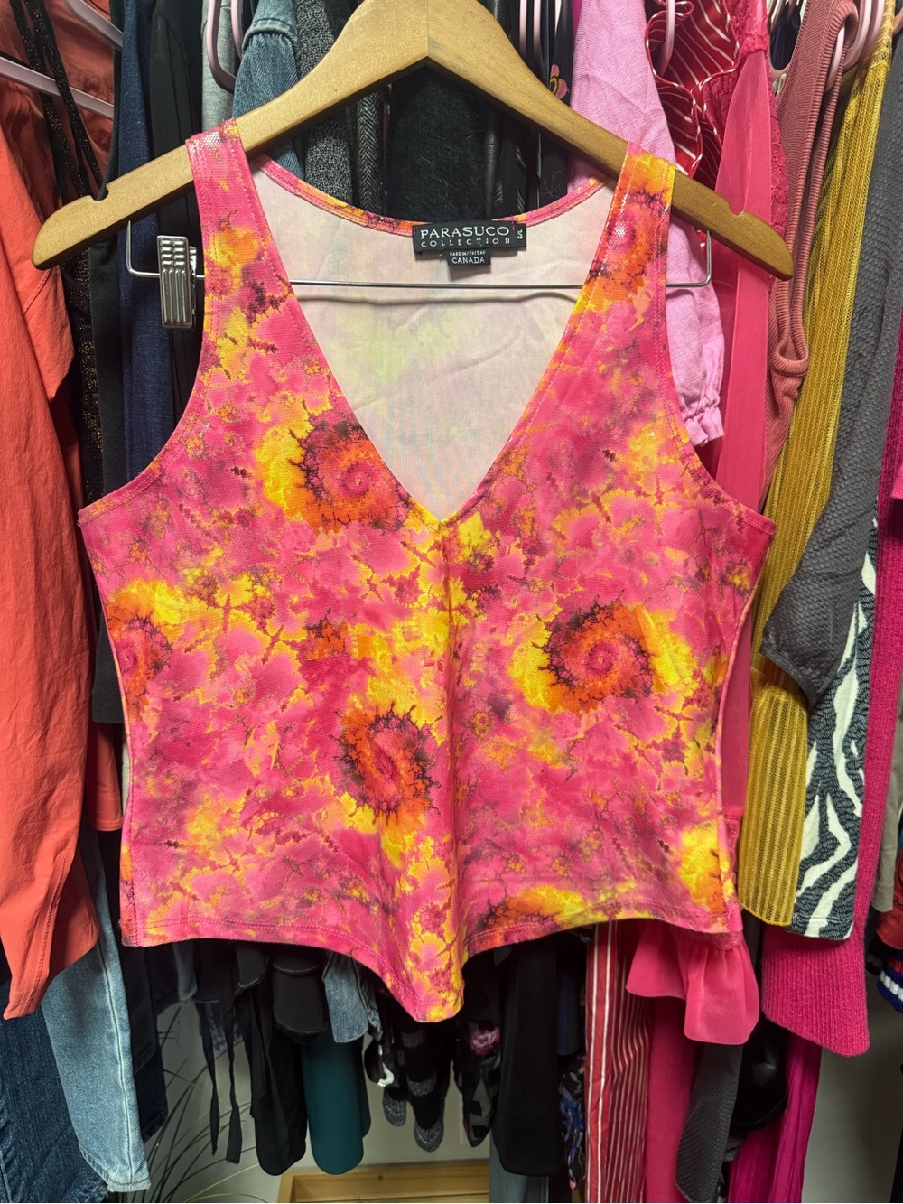 Vintage Y2K Parasuco Collection Shimmer Pink Tie Dye V Neck Tank Top